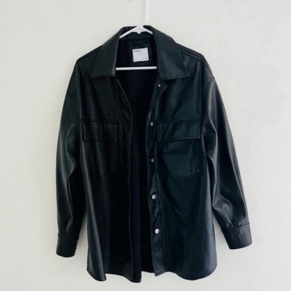 Bershka Black Vegan Leather Coat Large